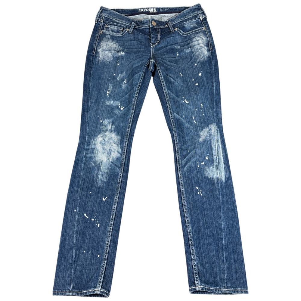 Express Zelda Skinny Jeans Womens 12 Blue Denim Stretch Low Rise Splattered‎